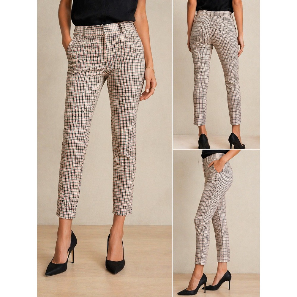 Banana Republic Sloan Pants Womens 2 Black Pink Plaid Ankle Tailored Career